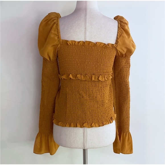 EUC Cinq a Sept 100% Silk Ellis Puff Shoulder Smocked Marigold Yellow Blouse XS‍ - Picture 6 of 11